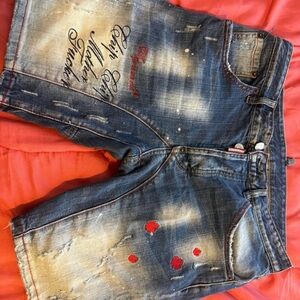DSQUARED2 Distressed Blue and Cream Denim Shorts